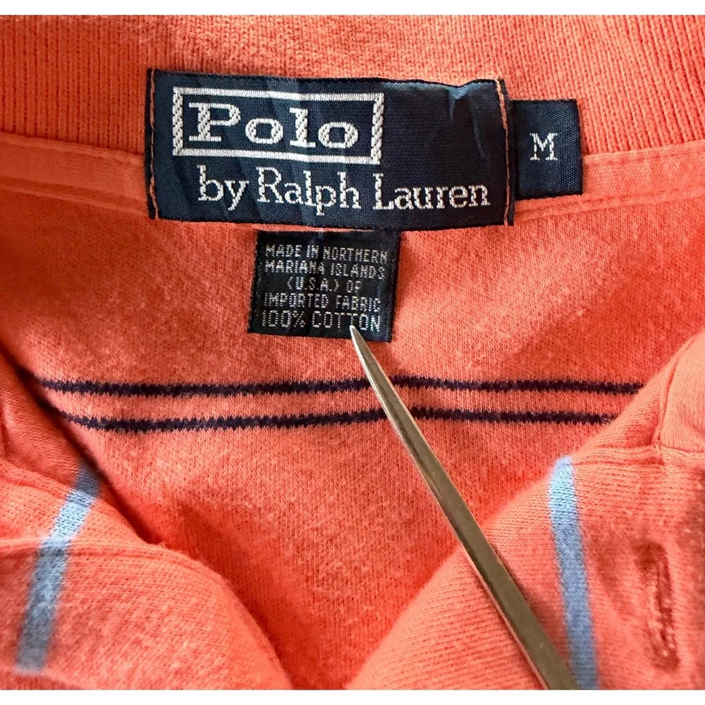 Polo Ralph Lauren Mens Medium Orange Striped Short Sleeve Cotton Polo Golf Shirt